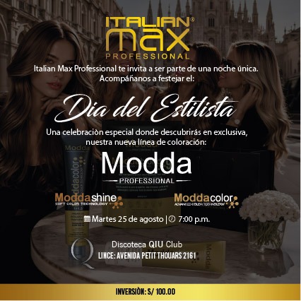 Invitación al Día del Estilista, martes 25 de agosto a las 7:00 p. m. en la Discoteca QIU Club, Avenida Petit Thouars 2161. Inversión: 100 soles.
